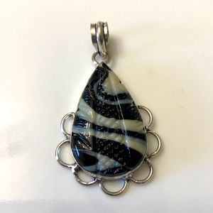 Sterling Silver 925 Tear Drop Carved Swag Glass Art Pendant New